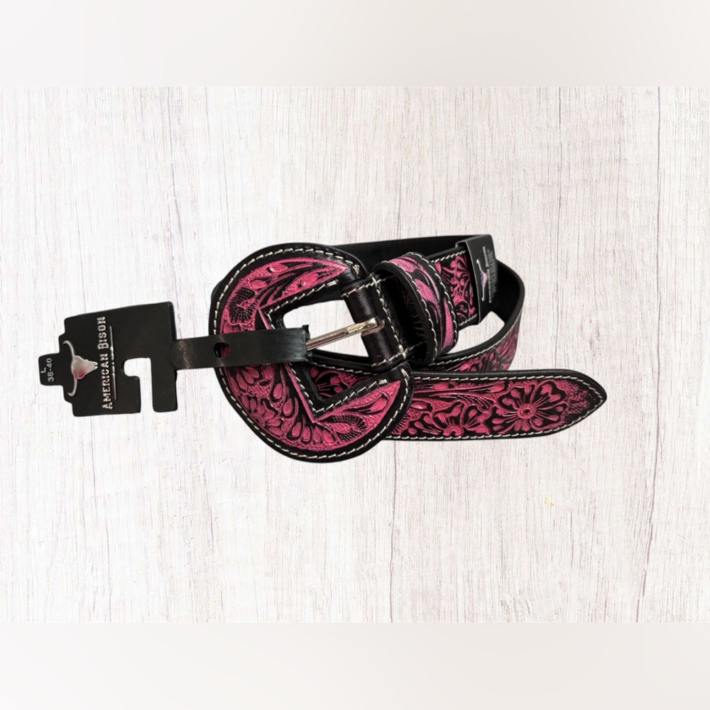 American Bison Women’s Leather Floral Tooled Belt - Picture 2 of 8